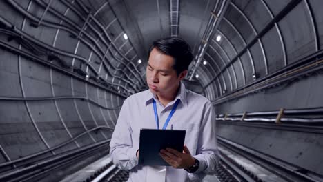 asian male professional worker standing with his tablet in underground subway tunnel, he is nodding his head with dissapionted