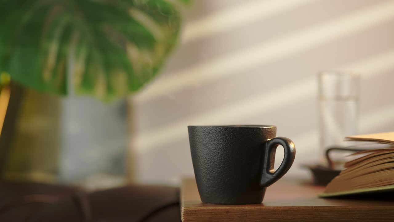 taza de espresso caliente de primer plano, imágenes de 4k en tiempo real. taza negra de cerámica caliente con vapor en una vieja mesa de madera en un café, rayos de sol en la pared. concepto de café caliente para el desayuno