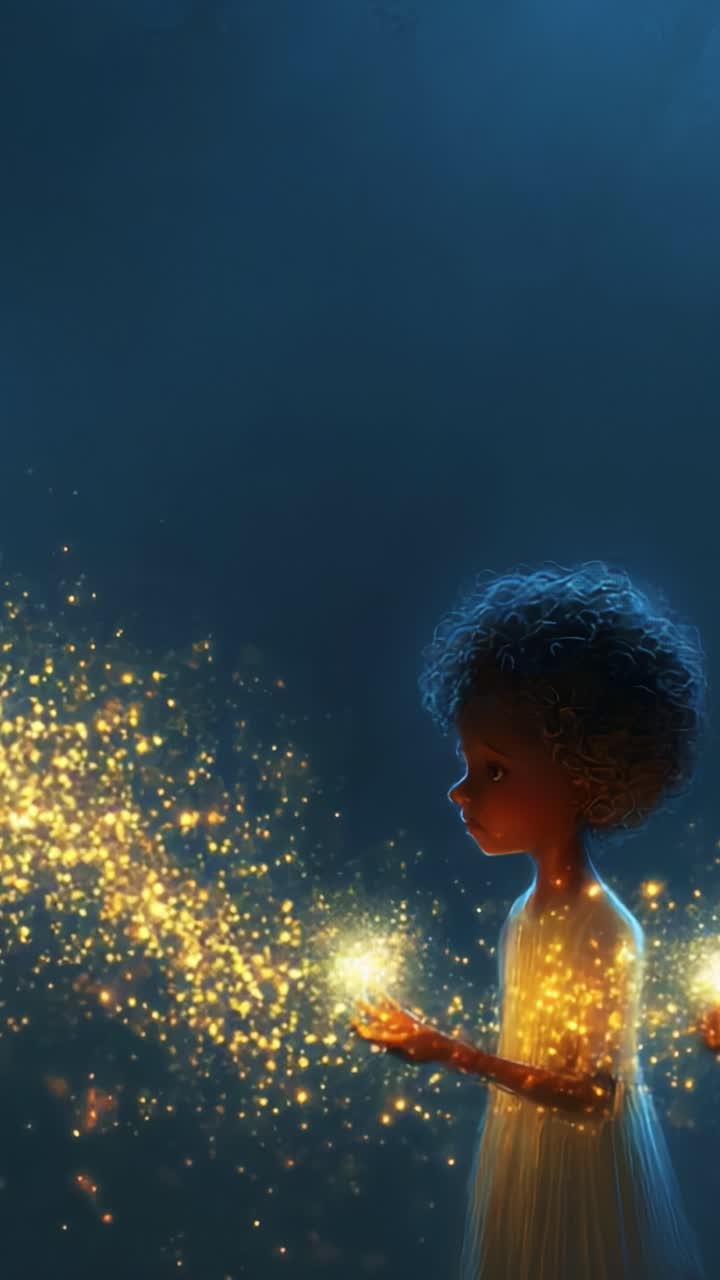 A young child gently holds a glowing orb, surrounded by a shimmering trail of golden light in a serene dark backdrop, evoking a sense of magic and wonder