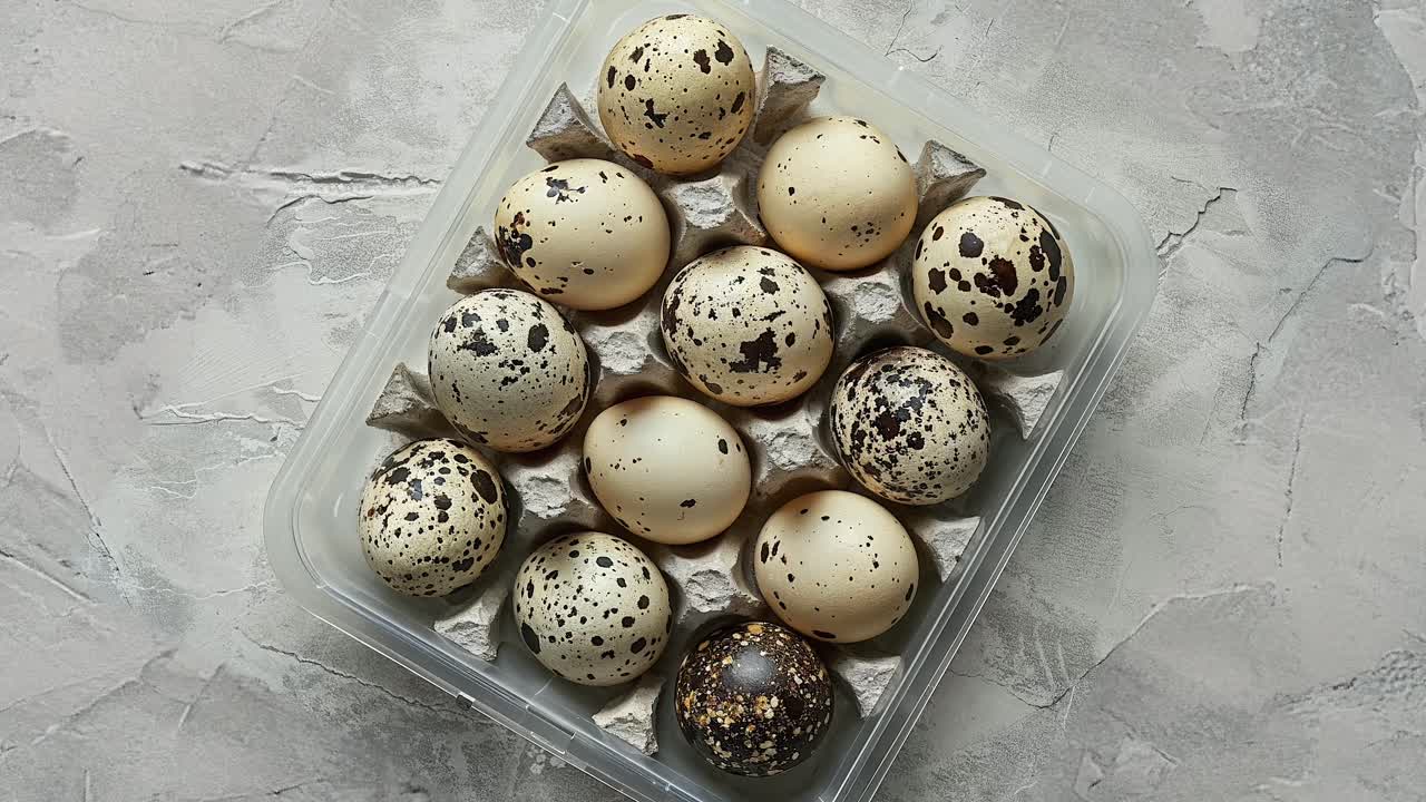 Top View of Packaged Quail Eggs on Textured Concrete Surface