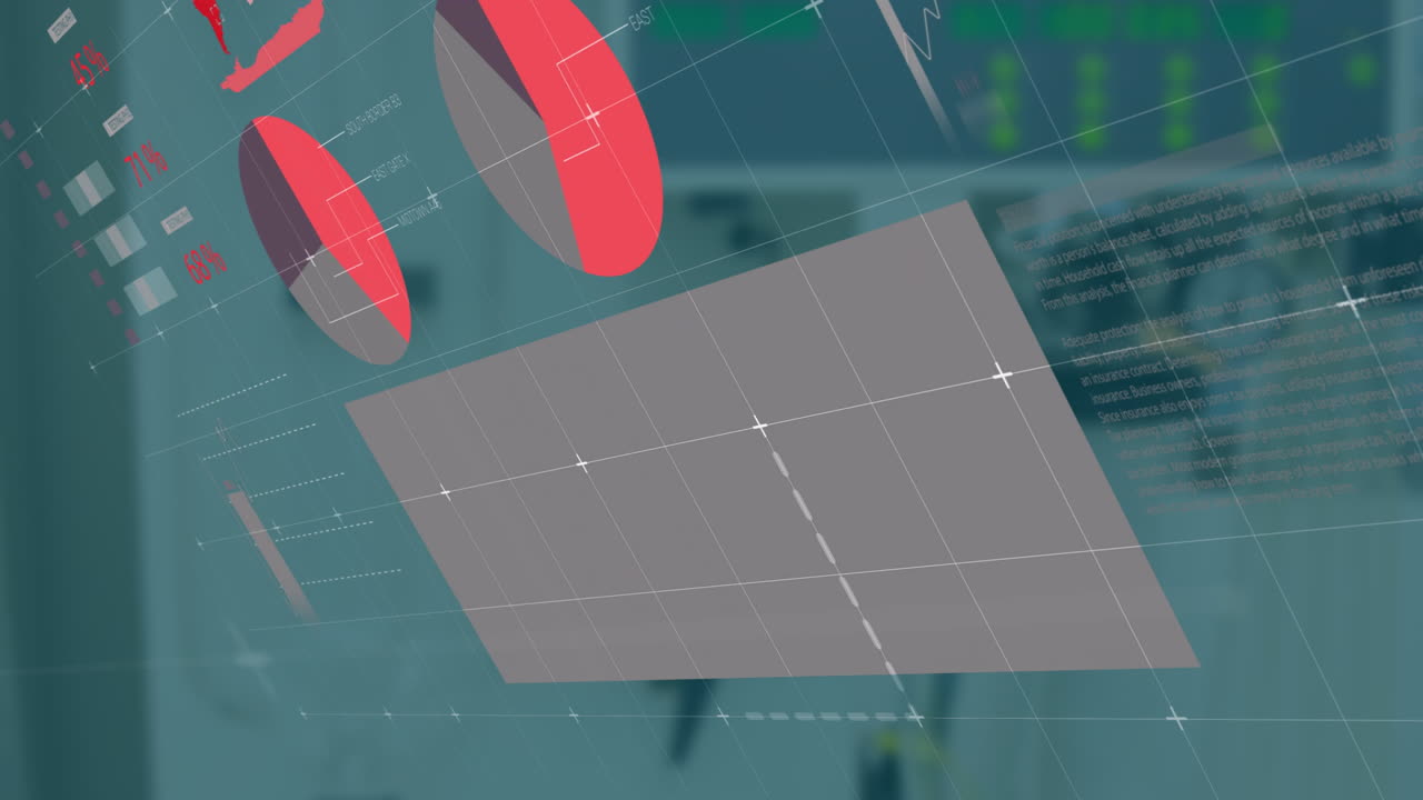 Red pie chart and map animation over blurred laboratory equipment background