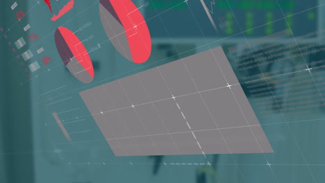 red pie chart and map animation over blurred laboratory equipment background