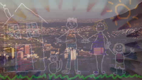 digital composition of colorful pencils spinning over family painting against cityscape at night