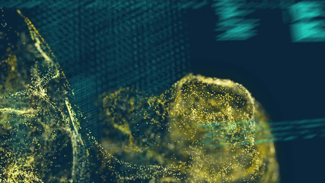 Animation of shapes with light spots over data processing on black background
