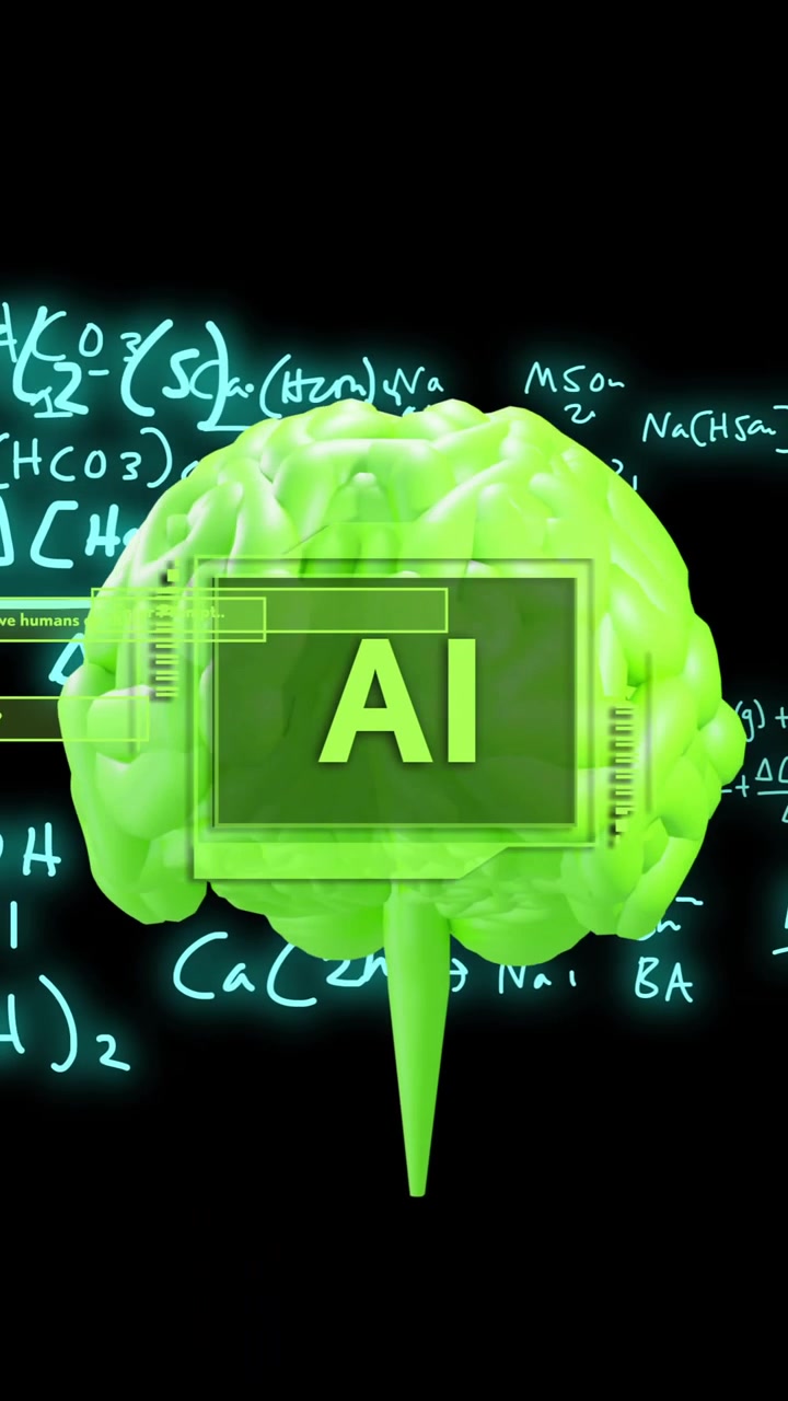 Animation of ai text, brain and data processing over black background