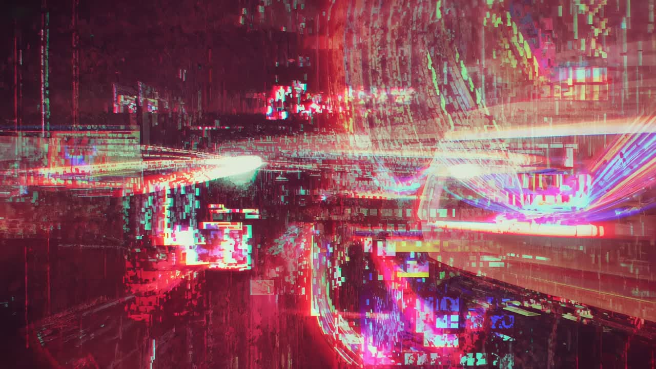 Gliding neon signs, glitch layers pushing through night corridor camera push forming urban blur