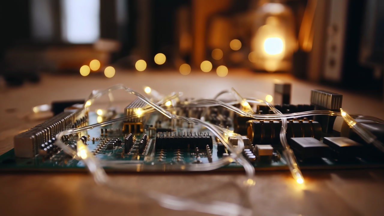 Warm Glowing Circuit Board With Fairy Lights, Soft Bokeh Background, Amber Bulbs Creating Cozy Maker