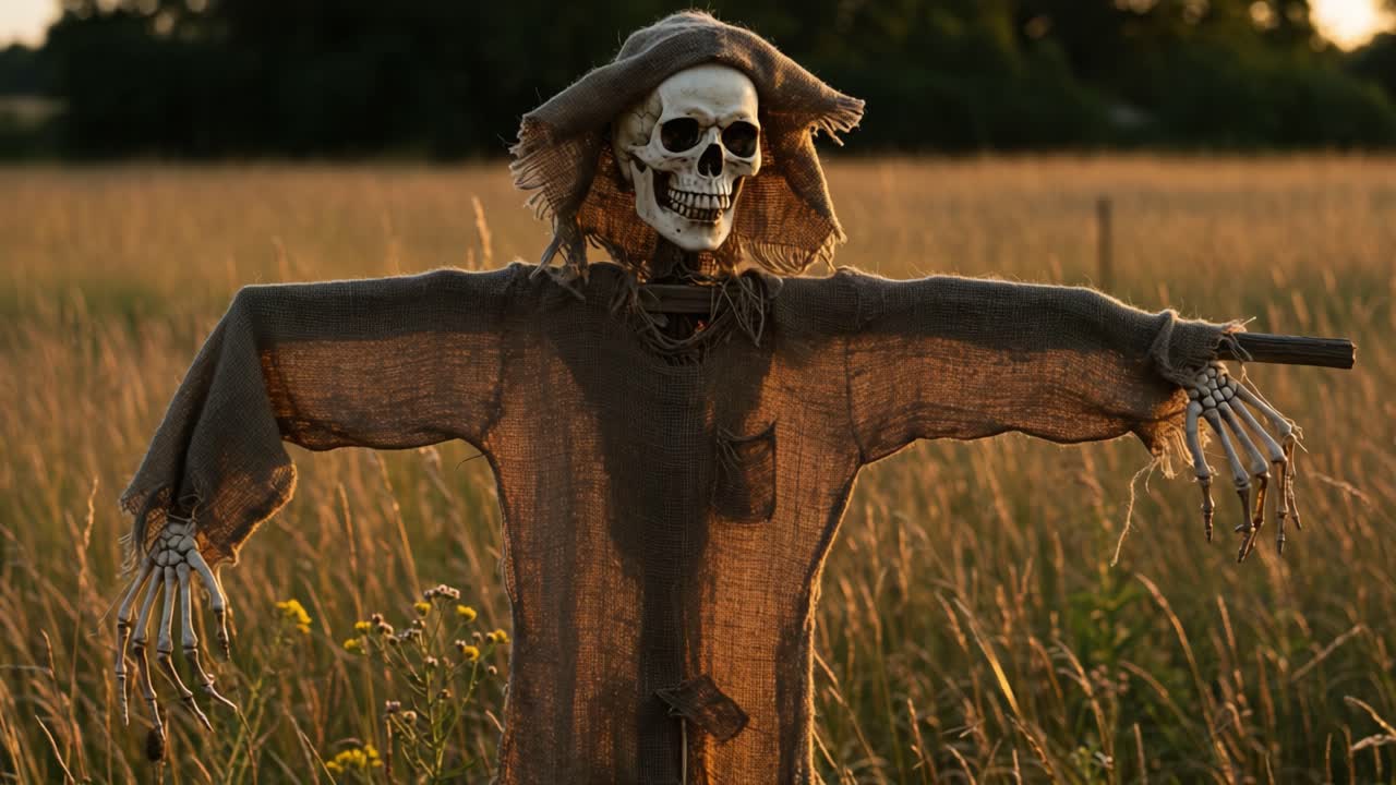 A hauntingly lifelike skeleton scarecrow stands amidst a golden field, capturing the eerie beauty of harvest season while evoking a sense of both dread and fascination