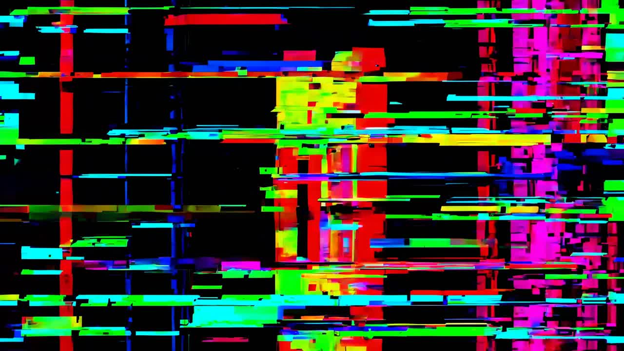 Abstract video art with glitch effect, featuring vibrant neon colors and pixelated patterns