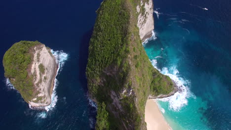 drone flying close forward tilt down above kelingking beach on nusa penida island over the seashore green peninsula cliff ridge