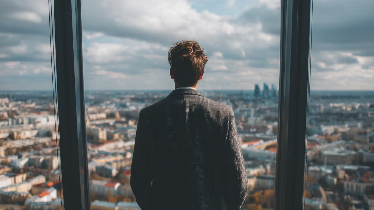 A Reflective Man Gazes at a Scenic Urban Landscape from a High Perspective, Capturing the Essence of Contemplation and Connection to the City Below
