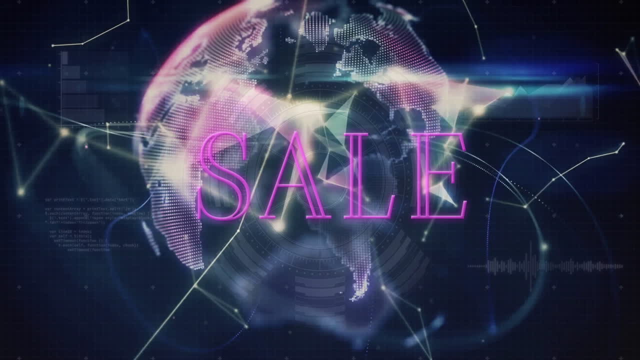 디지털 세계 지도 및 기하학적 모양에 대한 텍스트 애니메이션 판매