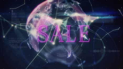 sale text animation over digital world map and geometric shapes