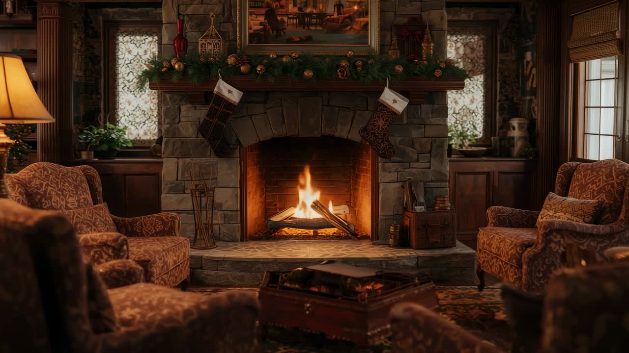Logs burning in stone fireplace in living room, casting warm glow across garland and stockings
