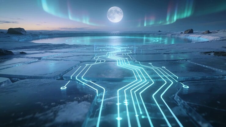 Camera moving activating glowing cyan lines pulsing on polar ice into ring, full moon aurora