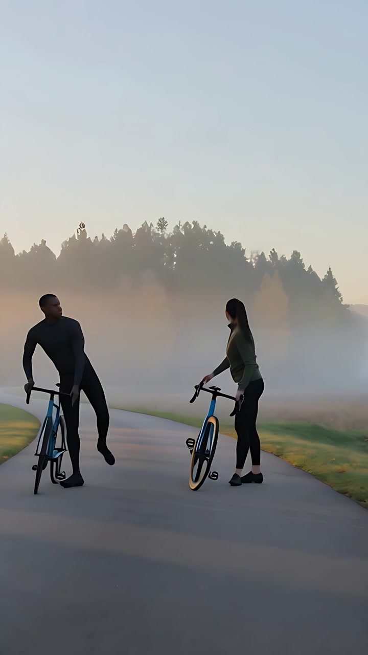 Vertikal video: To ryttere i cykeltøj sænker farten nær kameraet og snakker på en tåget sti ved siden af deres cykler.