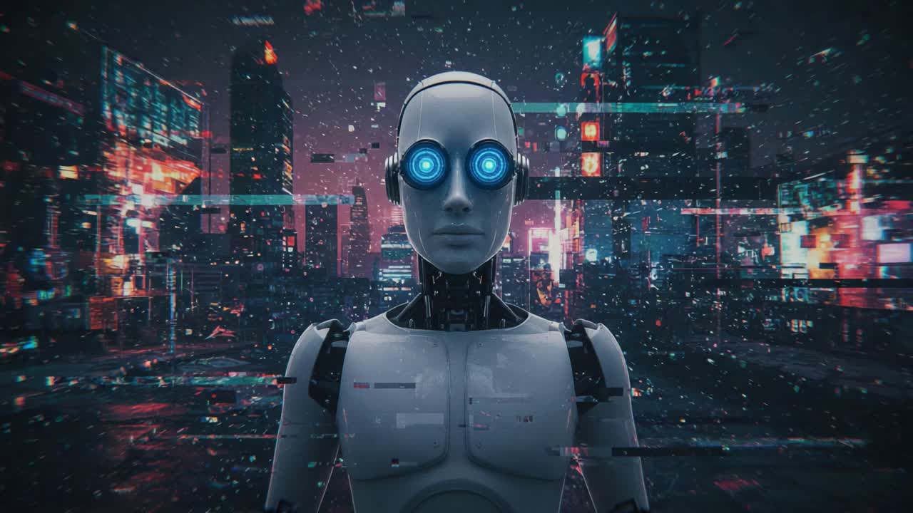 A Cybernetic Entity Stands Amidst a Futuristic Cityscape, Showcasing Luminous Eyes and a Pioneering Design, Embodying the Intersection of Technology and Humanity