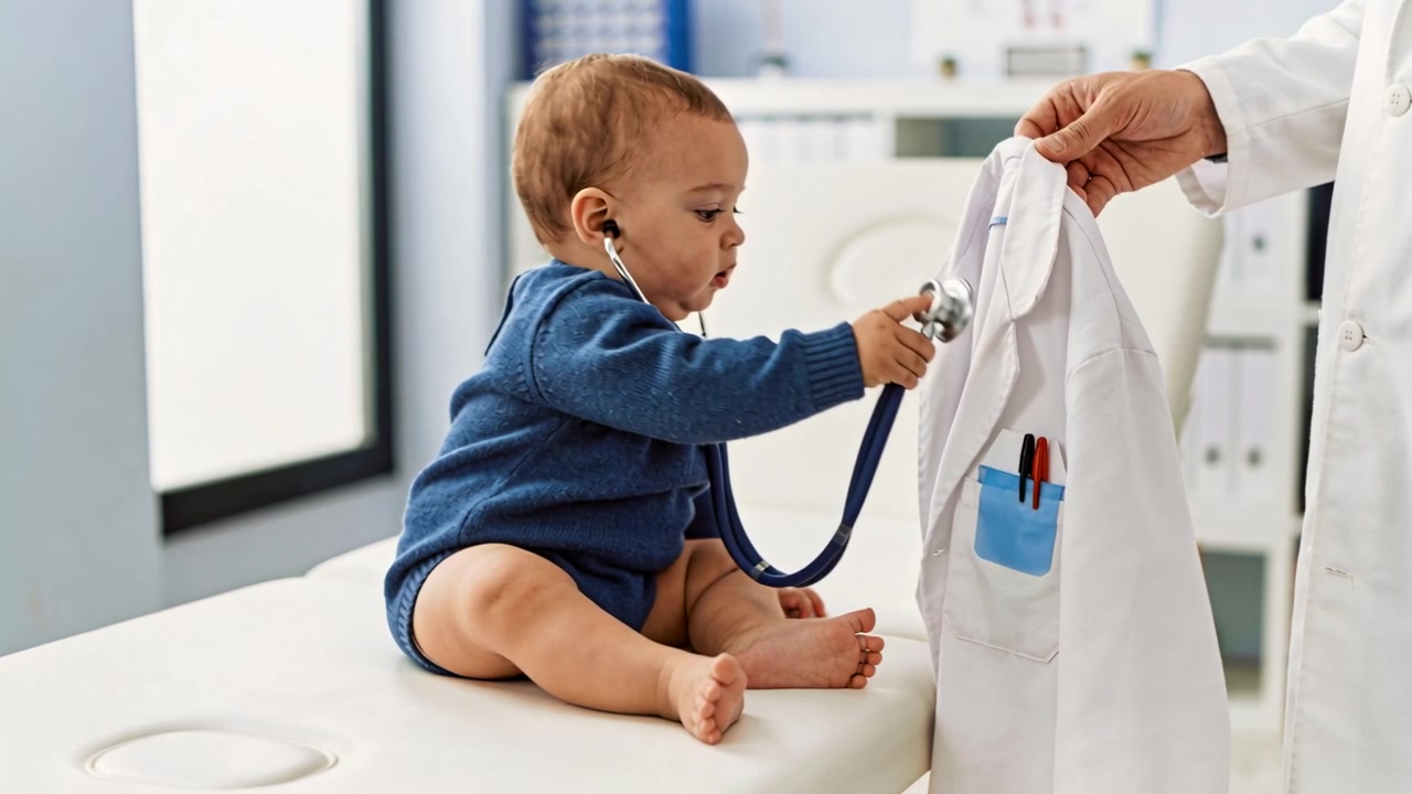 Neonato in tutina blu che afferra ed esplora, premendo uno stetoscopio sul camice da laboratorio in clinica, mentre il medico lo tiene.