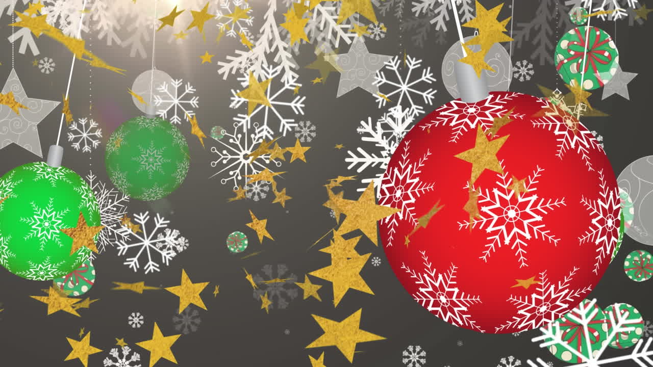 animación de estrellas doradas sobre coloridas bolas colgantes contra un punto de luz en fondo gris
