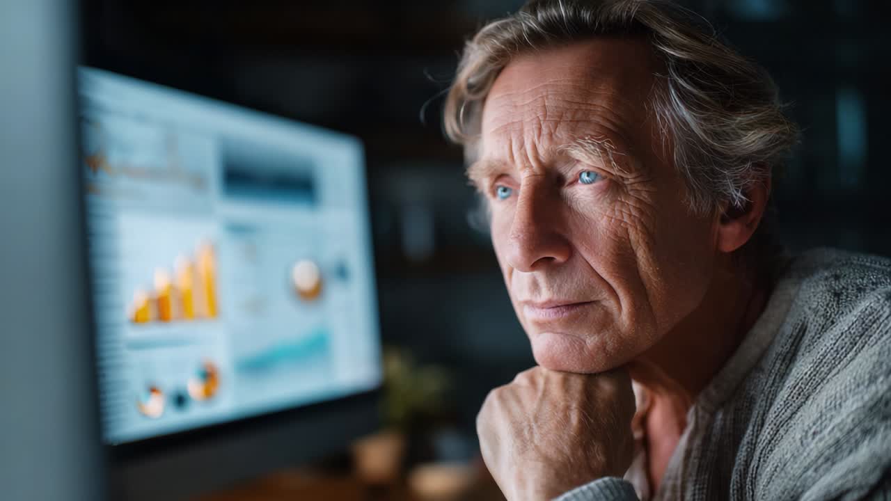 A contemplative older man stares intently at computer screens filled with analytics and charts, reflecting deep thought and analysis as he processes complex data in a modern workspace