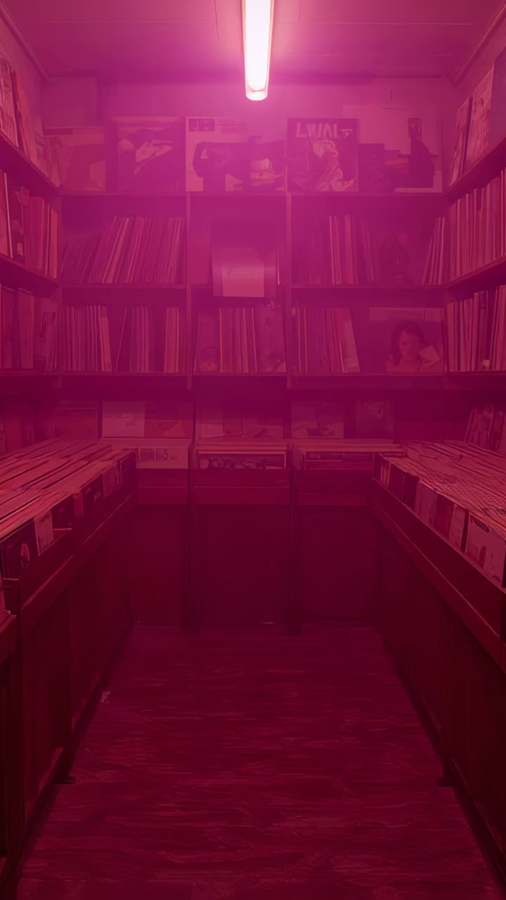 Vertical video: Camera recording centered aisle with wood shelves and vinyls under pink light