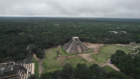 Chichen-Itza-Aerial-Pyramid-Maya-Ruins-Mayan-Peoples-Civilazation-Drone-Flying-World-Heritage-Aztec-Yucatan-Peninsula-Valladolid-Mexican-Culture-Jungle-Trees