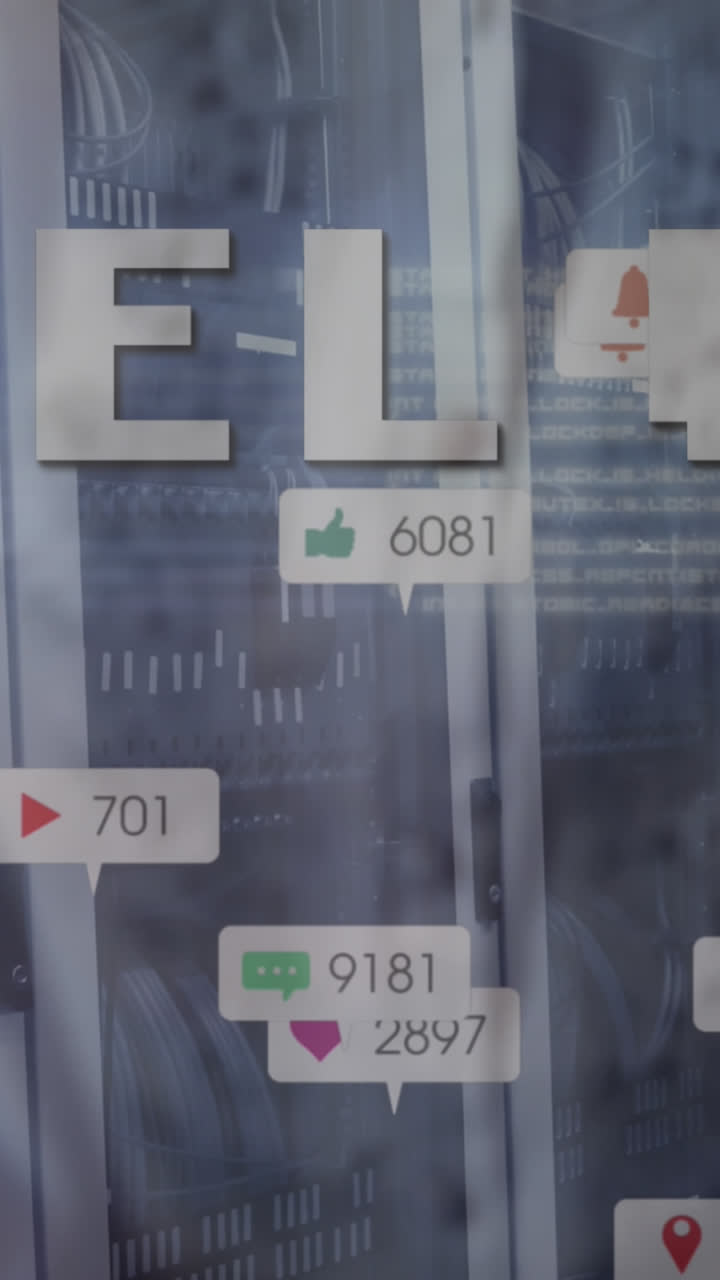 animación de texto de nivel y iconos de medios sobre una mujer biracial que usa una tableta