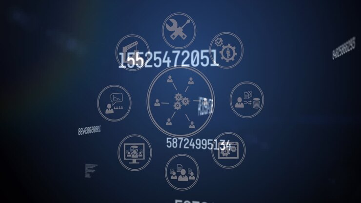 Animation of numbers and technology icons on navy background
