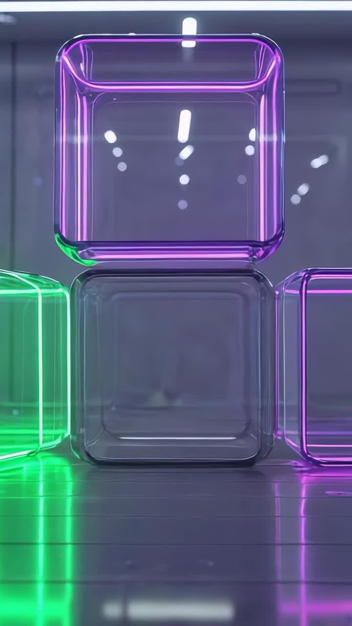 Video verticale: bagliore mutevole che anima cubi impilati che cambiano da verde a viola in una galleria sotto luci LED