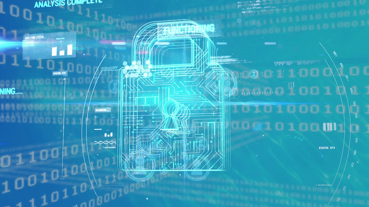 Animation of digital padlock over binary code and data processing