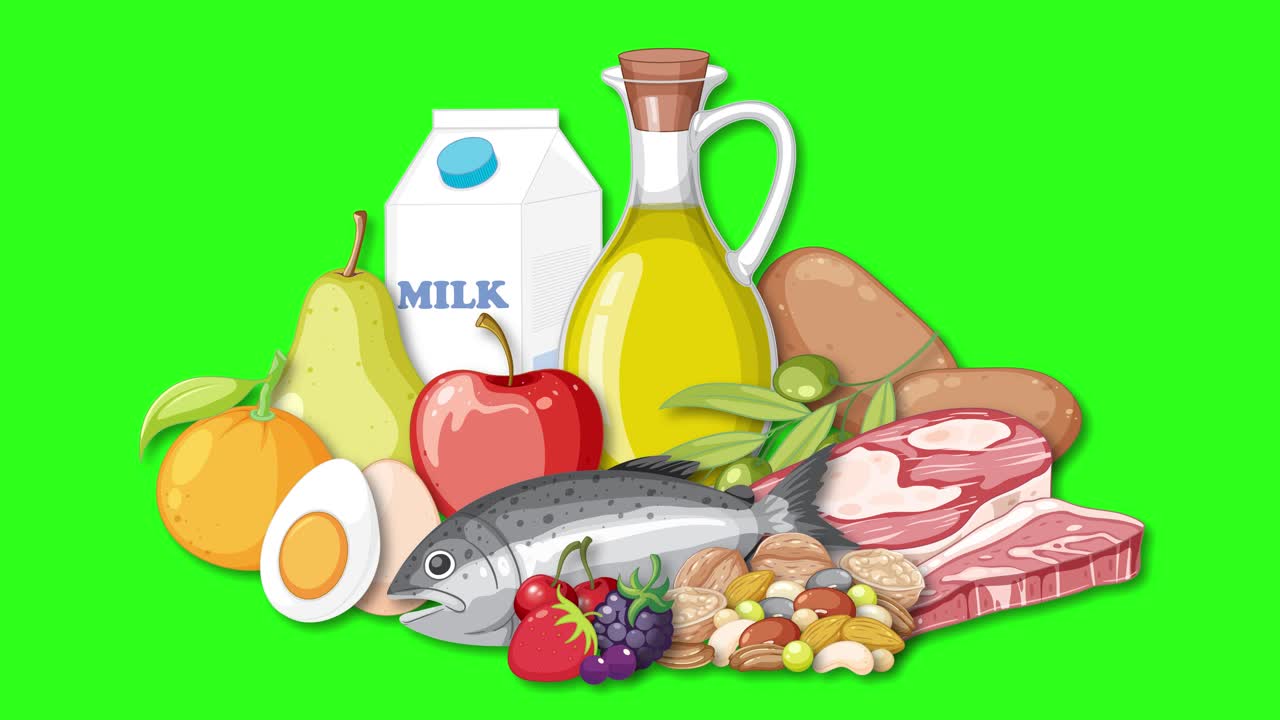 Various food groups smoothly appear and settle together on a bright green chroma key background