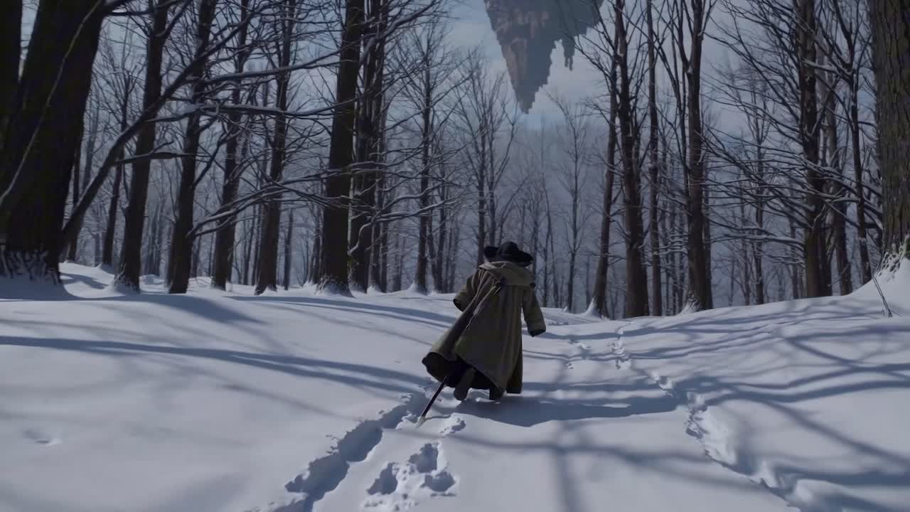 Person in a coat walks through a snowy forest, leaving footprints