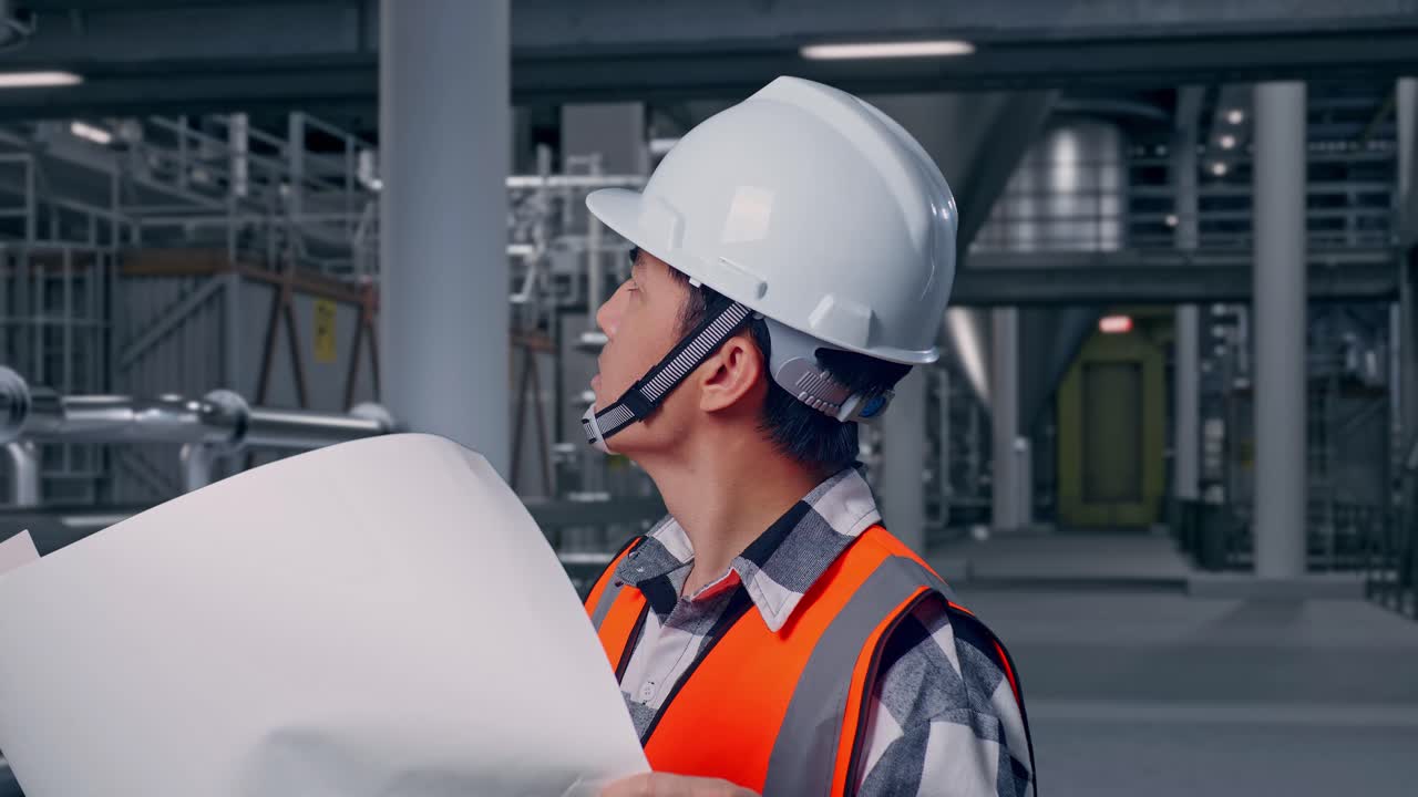 Close Up Side View Of Asian Male Engineer With Safety Helmet Looking At Blueprint In His Hands And Looking Around While Standing in Distillery Interior with Fermentation Tanks