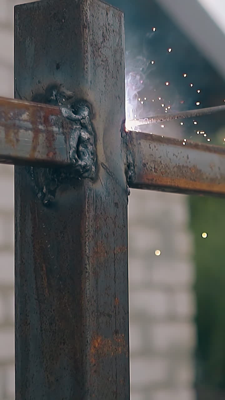 slow motion closeup skilled handyman welds parts of metal fence at country house in evening