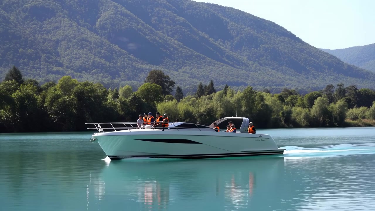 Passengers ride aboard sleek white motorboat as it travels across reflective blue-green water, leaving a narrow wake beside wooded shore and layered mountain slopes.