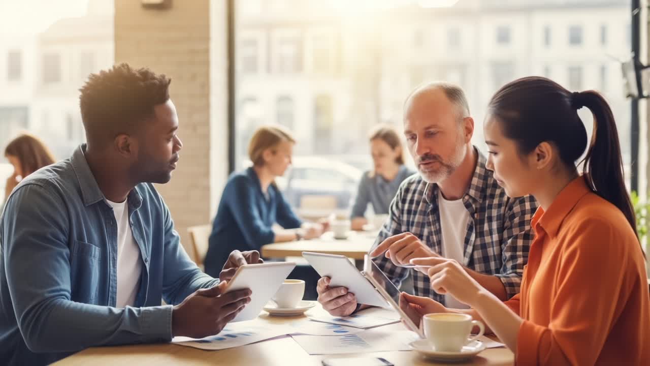 Engageret diskussion: En gruppe samarbejder over tablets i et hyggeligt café-miljø, hvor de deler ideer og indsigt i en produktiv atmosfære.