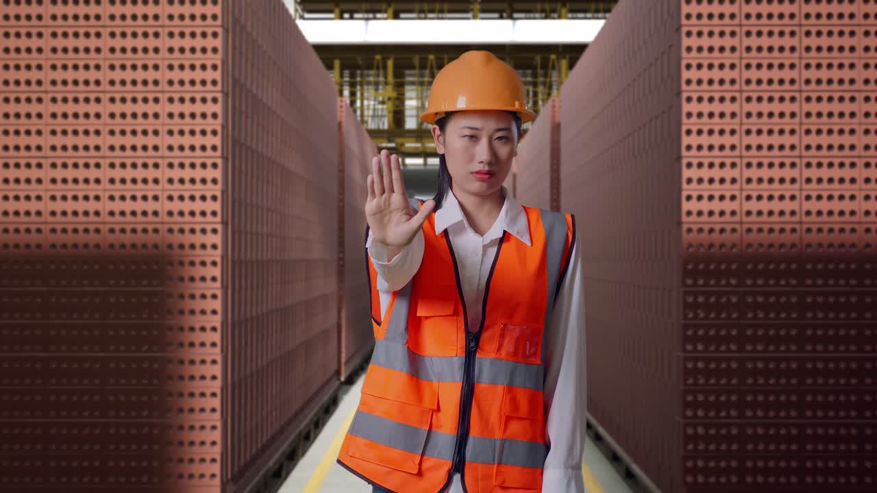 Asian Female Engineer With Safety Helmet Disapproving With No Hand Sign While Standing With Red Brick Packed in Stacks Are Stored