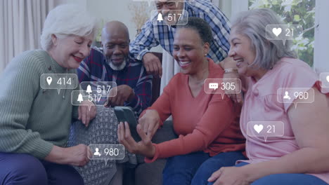 animation of social media icons and data over smiling senior diverse friends with smartphone