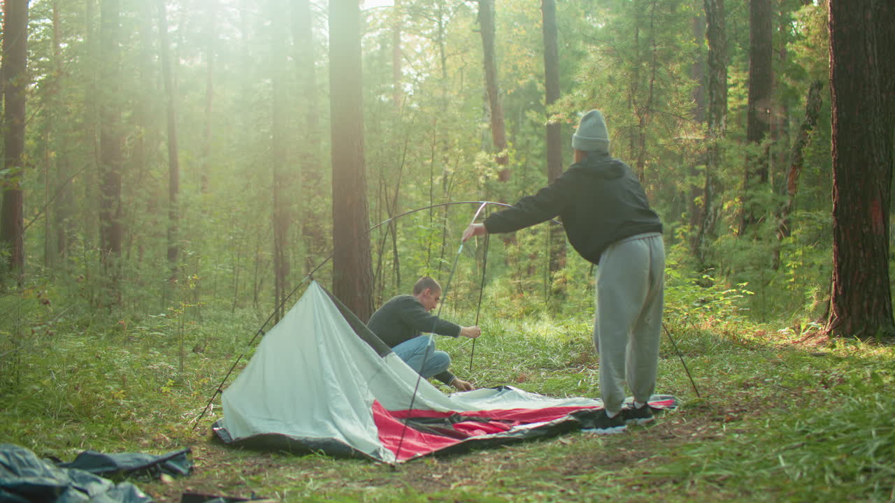 lady holds flexible tent pole while man secures end to ground in forest clearing, surrounded by trees and scattered camping gear with morning sunlight casting warm glow across scene