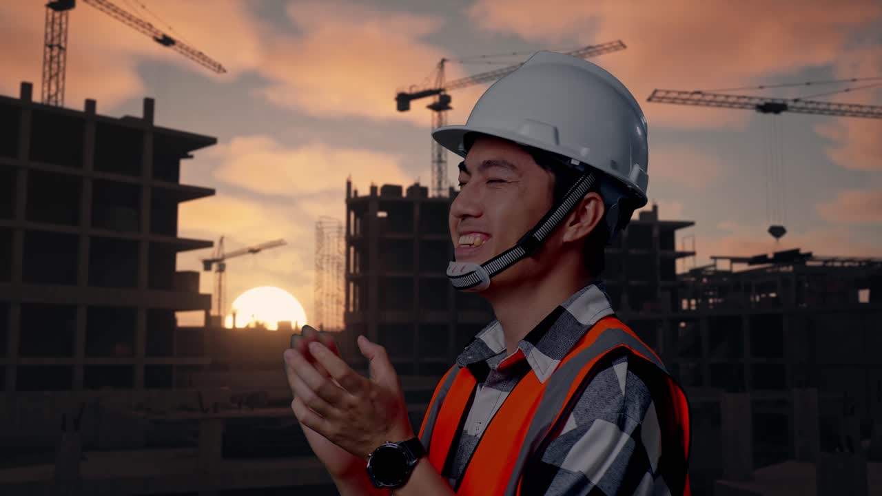 Close Up Side View Of Asian Male Engineer With Safety Helmet Smiling And Clapping His Hands While Standing At Building & Construction Site in Progress to New House