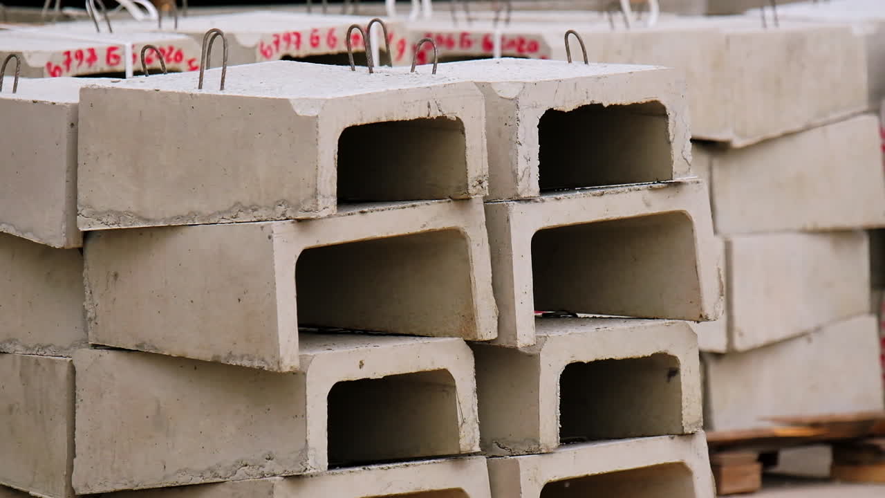 Grey arched cement blocks with metal loops on top. Materials for construction placed on wooden pallets outdoors.