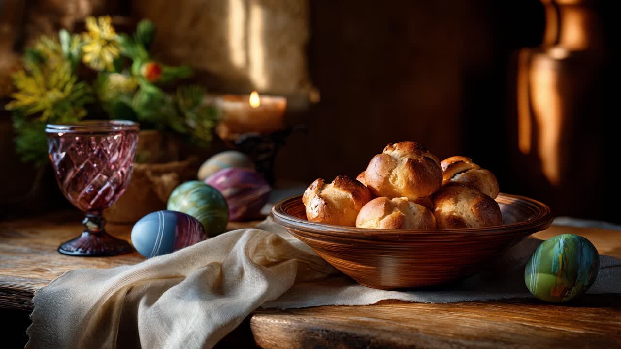 A Beautifully Arranged Display of Freshly Baked Breads and Colorful Easter Eggs: A Warm and Inviting Table Setting for Seasonal Celebrations