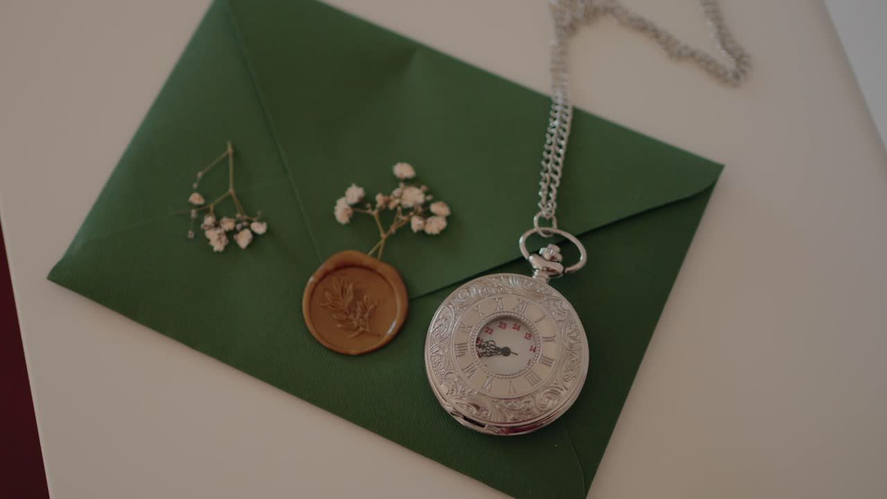 Silver pocket watch with intricate details placed beside a green envelope with a wax seal and small flowers