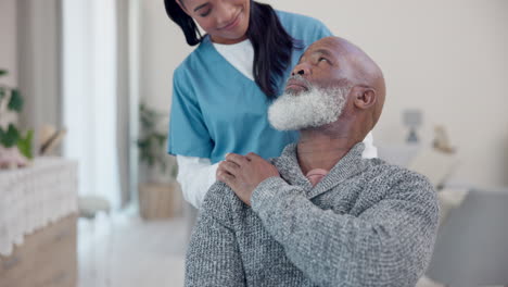 senior man, wheelchair and sad with nurse support