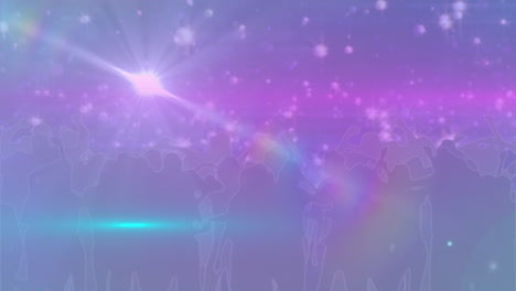 animación de un haz de luz moviéndose sobre la silueta multitud multirracial disfrutando en un concierto de música
