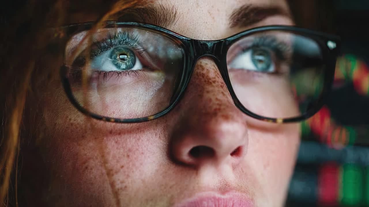 A Close-Up Portrait of a Young Woman with Glasses, Showcasing Intense Expression and Stunning Blue Eyes, Captured in a Thoughtful Moment of Reflection