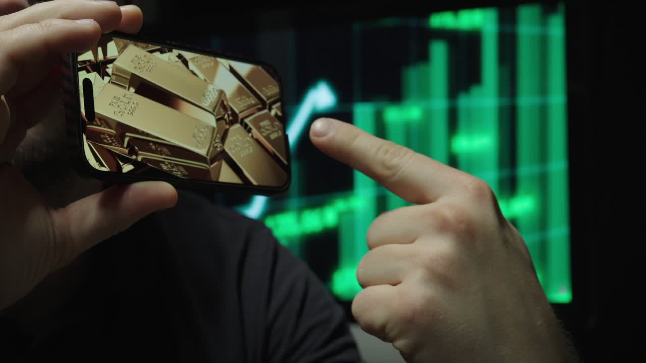 Filmato in stock finanziario di alta qualità che mostra mani che tengono uno smartphone con lingotti d'oro sullo schermo mentre puntano a un grafico di mercato verde in crescita, a simboleggiare una raccomandazione di acquisto, una decisione di investimento e b