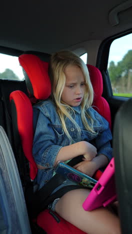 little girl using tablet in car booster seat