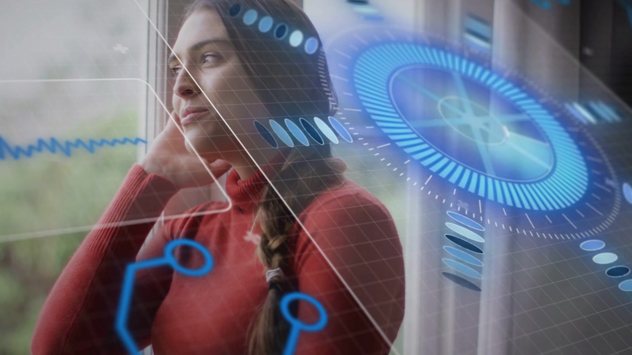 Woman raising hand to ear by window, initiating blue HUD and waveform icons aiding tech analysis