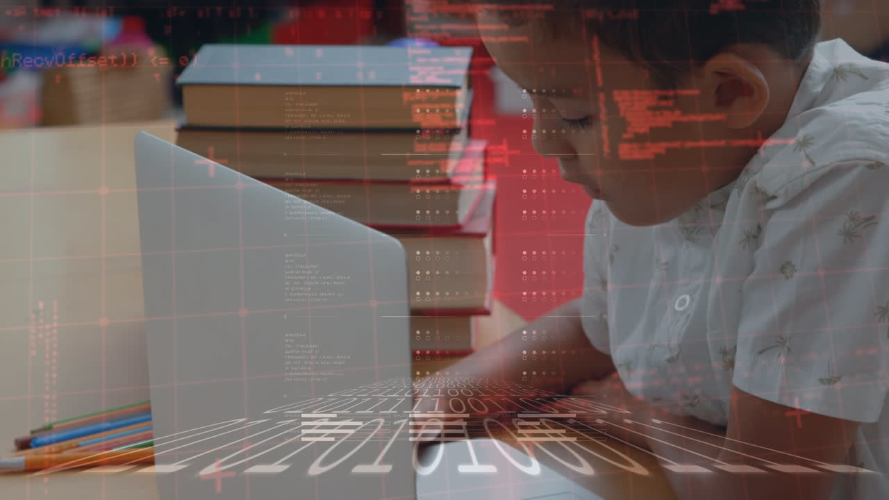 animación del procesamiento de datos sobre un niño biracial usando una computadora portátil